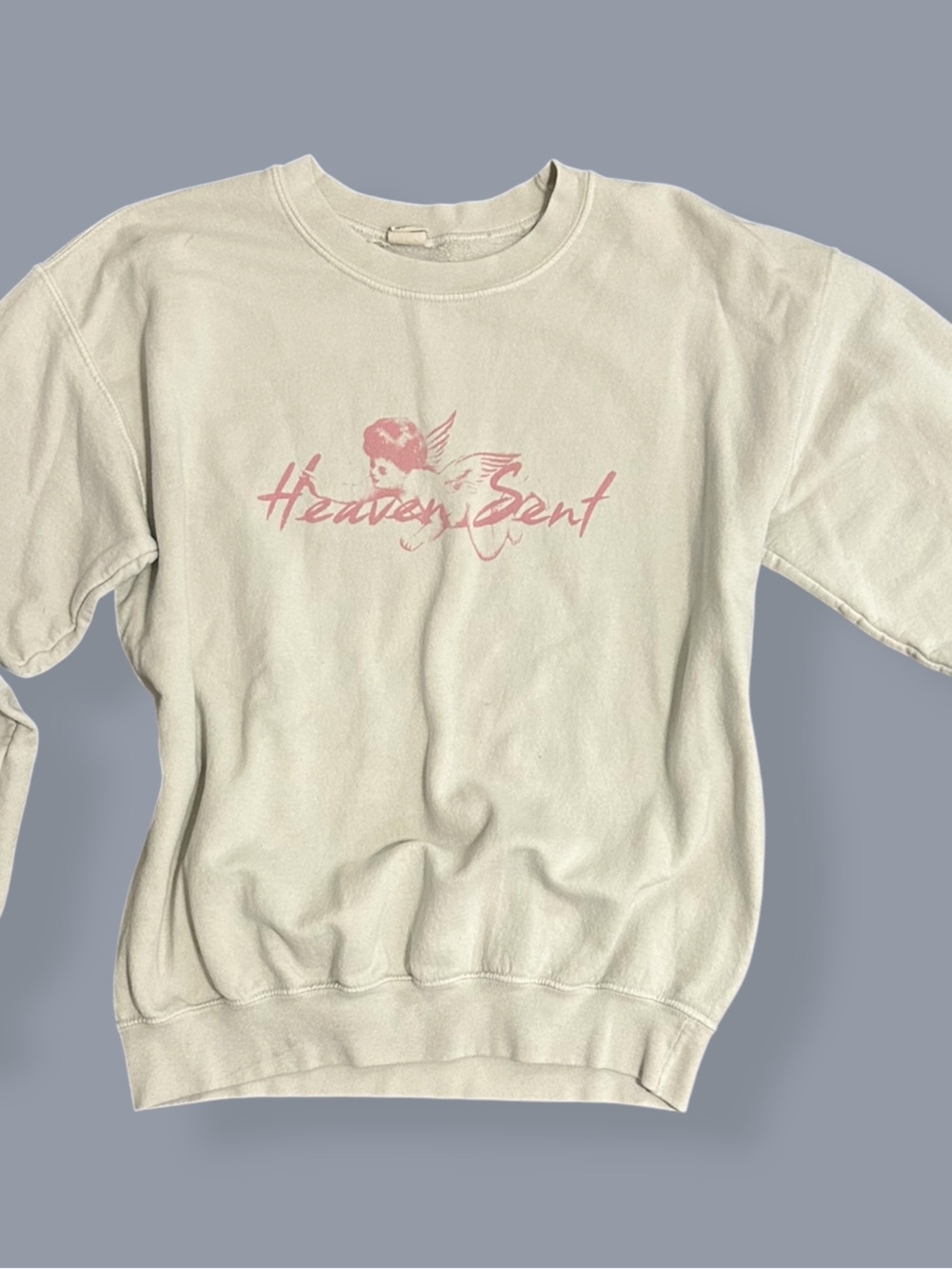 VTG Urban Outfitters Cream Pink Graphic "Heaven Sent" Angel Crewneck Sweatshirt